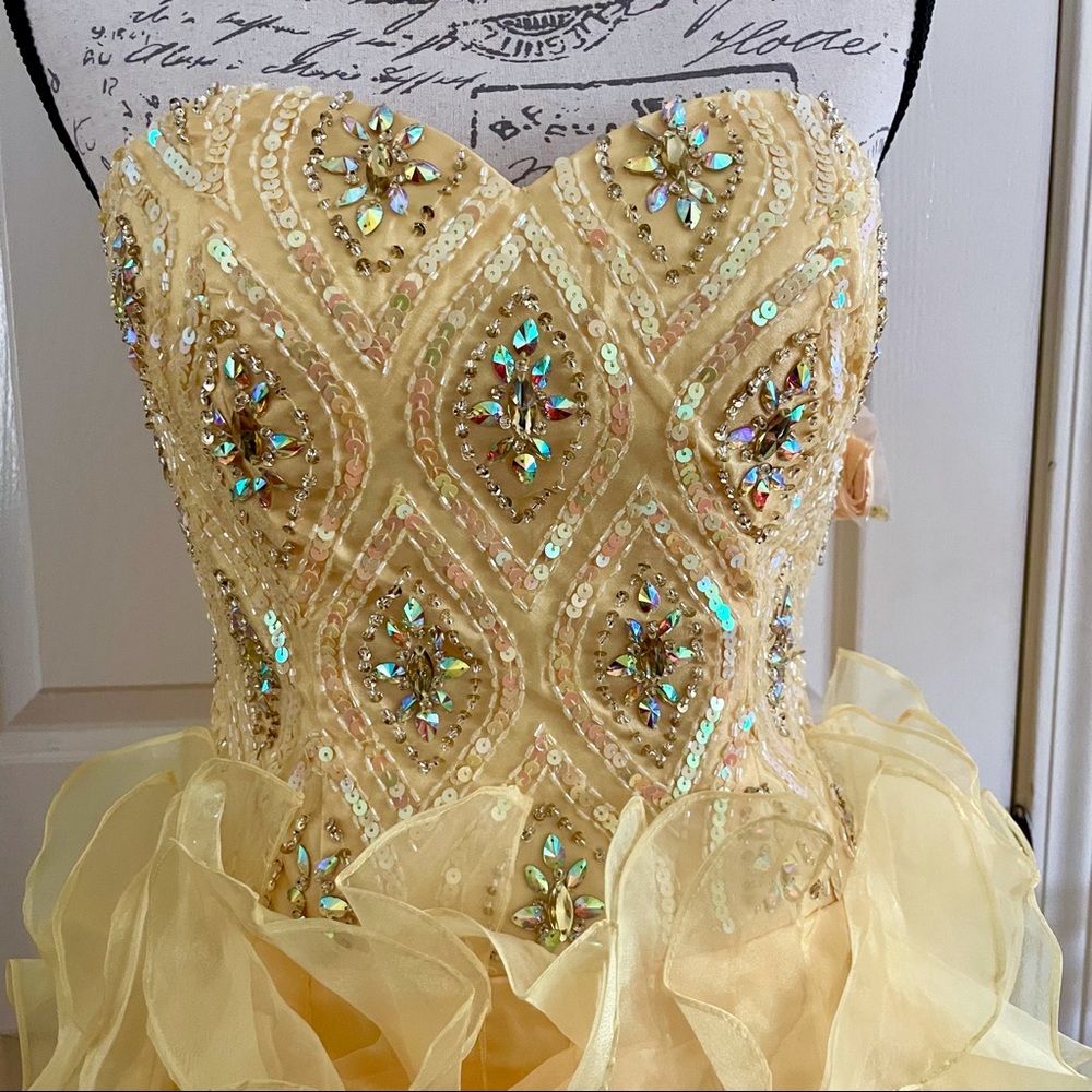 CINDERELLA Yellow Sequin Ruffle Sweetheart Dress Gown Size 6 - Picture 2 of 4